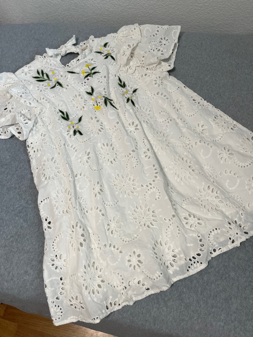 Cottagecore Fairy White Ruffle Mini Dress Large Embroidered Eyelet Kawaii